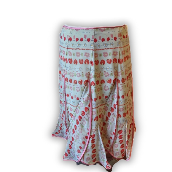 Kay Unger Pink Silk Blend Jacket Asymmetrical Stawberry Pattern Cream Skirt - Picture 6 of 10